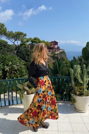 Gonna mezza ruota in duchesse multicolor fondo giallo